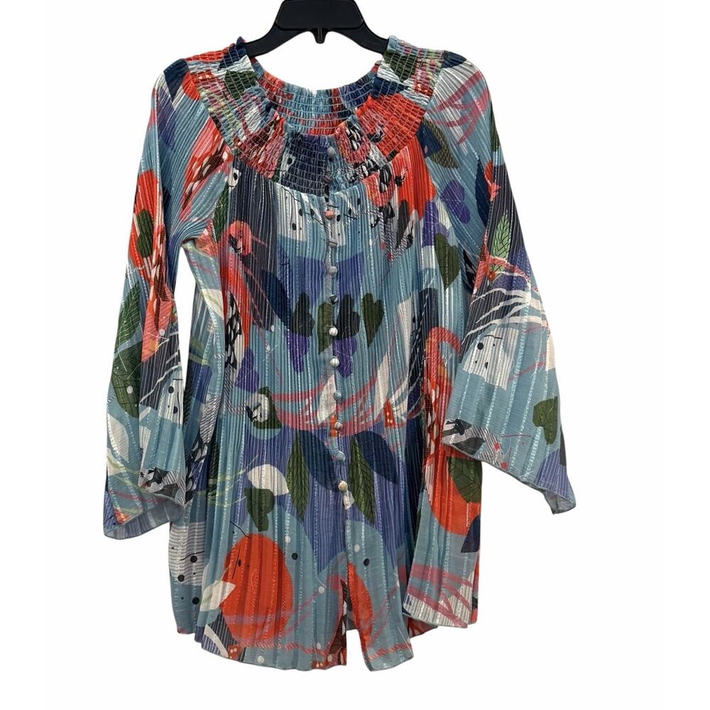 Women’s NWT Alberto Makali Floral Tropical Button Down Pleated Sheer Top SZ L
